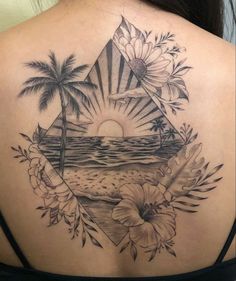 the back of a woman's shoulder with flowers and palm trees