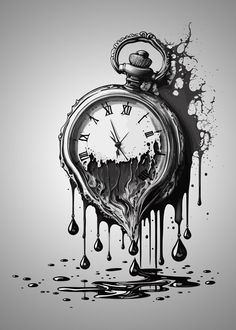 a drawing of a clock with dripping paint on it