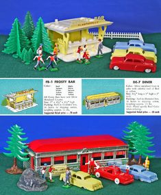 an advertisement for a toy bus station with cars and people in front of the building