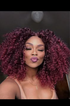 Plum Natural Hair, Purple Red Hair Curly, Burgundy Crochet Hairstyles, 80s Red Hair, Mecha Frontal, Purple Burgundy Hair