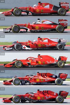 four different pictures of a red race car