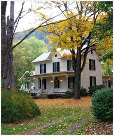 a white house surrounded by trees and leaves