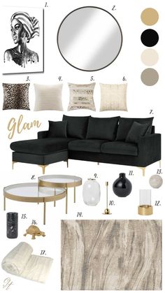 black and gold living room mood board