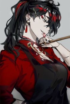 an anime character with long black hair and red shirt, holding a stick in her hand