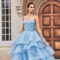 The Beautiful Ball Gown Made Of Layered Tulle Will Be The Perfect Purchase For Your Special Evening Thanks To A Full Skirt And Strapless Bodice Decorated With Sparkling Beads That Will Truly Create A Romantic Image. Fabric: Tulle Length: Long Colour: Blue Neckline: Off Shoulder Silhouette: Ball Gown Sleeve: Sleeveless, Strapless Back: Lace Up Skirt: Layered Embellishments: Beads Occasion: Romantic Date/Evening/Dinner, Wedding/Bridesmaid, Graduation, Fashion Show, Visiting Theater/Museum/Restaura Cinderella Prom, Era Dresses, Graduation Fashion, Sequin Ball Gown, Beautiful Ball Gowns, Beautiful Ball, Prom 2024, Evening Dinner, Cinderella Dresses