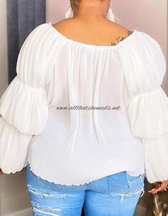 Plus size, long sleeve, off the shoulder, ruffle top. *Can be worn flat or with front tie knot as shown in the photo* 65% Cotton, 35% Polyester Plus Size Puffer, Glam Girl, Tie Knots, Ruffle Top, Off The Shoulder, Knot, Puffer, Ruffle Blouse, Plus Size