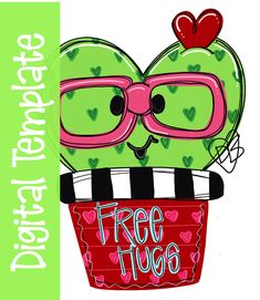 a cartoon cactus with glasses holding a free hug sign