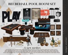 an advertisement for a pool room set with furniture and accessories on it's side