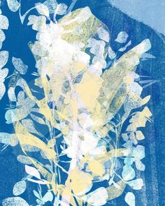 an abstract painting of yellow and blue flowers on a dark blue background with white leaves