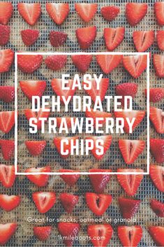 the words easy dehydrated strawberry chips on top of strawberries