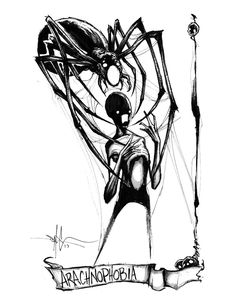 a black and white drawing of a woman holding a large spider in her hands with the words arcinophobia on it