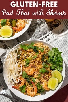 two plates filled with shrimp, rice and broccoli on top of a newspaper