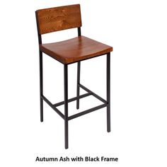 a wooden and metal bar stool on a white background