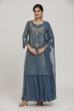 Elemental blue kurta featuring notched neckline and three-quarter sleeves with sequin and pearl embroidered floral motifs. Paired with a can-can attached lehenga skirt and a matching dupatta., Fit: Relaxed Elemental Blue, Kurta Lehenga, Blue Kurta, Kurta Set For Women, Notched Neckline, Lehenga Skirt, A Line Kurta, Embroidery Designs Fashion, Can Can