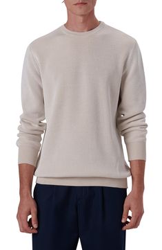 Knit from lightweight cotton with a comfortable fit, this long-sleeve sweater brings casual polish to everyday ensembles. 28" length; 44" chest Crewneck Long sleeves Ribbed cuffs and hem 100% cotton Dry clean Made in Italy Beige Cotton Stretch Sweater, Cotton Sweater With Ribbed Collar And Stretch, Cotton Stretch Sweater With Ribbed Collar, Cotton Sweater With Stretch And Ribbed Collar, Stretch Cotton Sweater With Ribbed Collar, Beige Long Sleeve Sweater With Ribbed Collar, Classic Stretch Sweater With Textured Knit, Fitted Cotton Sweater With Ribbed Cuffs, Classic Textured Knit Stretch Sweater