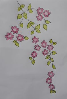 a drawing of pink flowers and green leaves on a white sheet with watercolor pencils