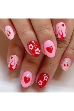 Flame French Tip, Nails Red Heart, Red Fake Nails, Heart Flame, Nails Press Ons, Almond Press On Nails, Beautiful Nail Polish, Band Nails, Cherry Design