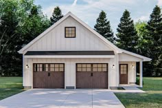 a two car garage is shown in front of some trees