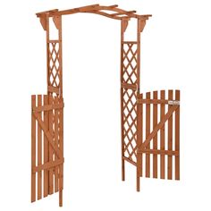 an open wooden gate with lattices on the top and bottom part, against a white background