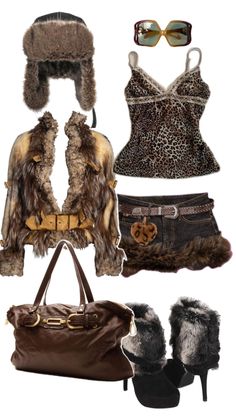 Trashy Y2k mac bling Leo print fur outfit Brown Leather Skirt Outfit, Fur Hat Outfit, Fur Boots Black, Fur Boots Outfit, Fur Mini Skirt, Leather Boots Outfit, Fur Outfit, Coat Belt, Black Leo