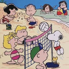 peanuts playing volleyball on the beach with friends