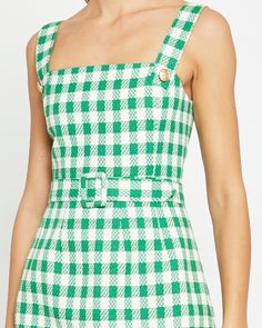 Price Comparison Few Moda $59 LoveShackFancy $295 Reformation $325 Product Details The Blaine Mini Dress is a playful and charming addition to any wardrobe. The fun and vibrant green gingham print will make a statement, while the gold button details add the perfect finishing touch. Complete with a belt for a flattering fit, this mini dress is both stylish and versatile. - Faux buttons- Detachable belt- Back zipper- Content: 100% Polyester Style# K24WDR03024 Fit Notes - Model wearing a size 2- Mo Ole Miss Rush Outfits, Kelly Green Outfit, Thread Aesthetic, Gameday Outfits, Athena Dresses, Rush Outfits, Recruitment Outfits, Cute Homecoming Dresses, Rush Dresses