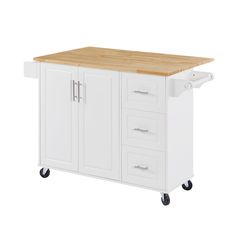 a white kitchen island with wooden top and drawers on casteors for wheels is shown