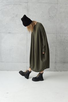 Long Jersey Dress | Dresses Online | Green Loose Tunic | Dress Plus Size | Cotton Khaki Dress | Sweatshirt Dress | Oversized Tunic by DIDRESS on Etsy Oversize Dress Outfit, Long Jersey Dress, Oversized Tunic Dress, Modern Dresses, Loose Tunic, Fast Fashion Brands, Comic Characters, Black Winter Coat, Slow Fashion Movement