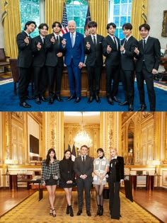 two pictures of people in suits and ties posing for the camera with their hands up