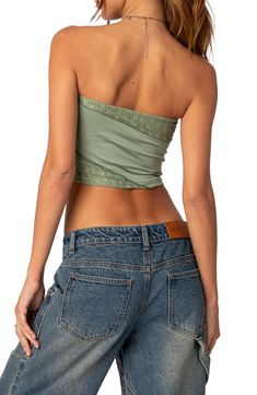 A patchwork lace design adds romantic texture to this belly-baring tube top that's perfect for warm weather. Strapless 95% polyester, 5% spandex Machine wash, dry flat Imported Green Tube Top, Crop Tube Top, Lace Patchwork, Cropped Tube Top, Mixing Fabrics, Lace Design, Cool Fabric, Dream Clothes, Tube Top