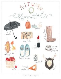 an autumn essentials poster with shoes, umbrella and other items