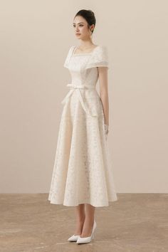 Esme A-line Square Neck Mesh Lace Midi Dress | MEAN BLVD White And Beige Dress, Elegant Fitted Lace Tea Length Dress, Elegant Lace Tea Length Evening Dress, Lace Tea-length Evening Midi Dress, Lace Tea Length Midi Dress For Evening, Evening Lace Tea Length Midi Dress, Evening Lace Midi Dress In Tea Length, Elegant Lace Fit And Flare Midi Dress, Lace Midi Dress For Evening In Tea Length