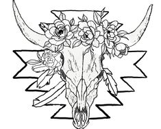 a bull skull with flowers on it's head is shown in black and white