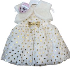 Brand New, Never Worn! La Princess Two-Piece Girls Formal Dress. Size 18m. Cream Dress With Gold Polka Dots. Cream Faux Fur Sleeveless Jacket. Gold Bow. 100% Polyester Toddler Gold Winter Dress, Colorful Dresses Formal, Girls Formal Dresses, Gold Polka Dots, Sleeveless Jacket, Cream Dress, 15 Dresses, Kids' Dresses, Princess Dress