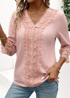 Pink V-neck Patchwork Top, Lace Patchwork Tops, Pink Long Sleeve Tops With Lace Patchwork, Pink Long Sleeve Top With Lace Patchwork, Fitted Pink Patchwork Blouse, Pink Long Sleeve Lace Blouse, Long Sleeve Pink Lace Blouse, Embroidered Lace V-neck Top, Lace V-neck Blouse With Floral Embroidery