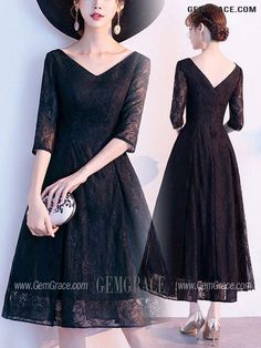 10% off now|Free shipping world-wide. Retro Black Lace Tea Length Party Dress Vneck With Sleeves at GemGrace. Click to learn our pro custom-made service for wedding dress, formal dress. View #SemiFormalDresses for more ideas. Best Wedding Guest Dresses, For Wedding Dress, Semi Formal Dresses, Online Wedding Dress, Dress Formal, Tea Length, Sewing Basics, Cocktail Dresses, Formal Dress