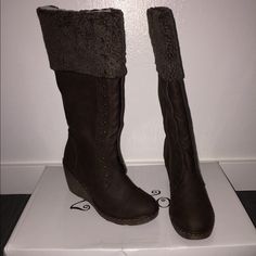 Brown Platform Boots - Laced To The Top. Brand New Winter Synthetic Wedge Boots With Round Toe, Casual Winter Synthetic Wedge Boots, Brown Knee-high Wedge Boots For Winter, Brown Synthetic Wedge Heel Boots, Brown Platform Boots, Shoes Brown, Platform Boots, Lace Boots, Lace Up Boots