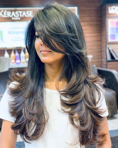 Layer Cut For Long Hair, Long Hair Indian, Side Bangs With Long Hair, Hairstyles With Side Bangs, Rambut Brunette, Layer Cut, Side Bangs Hairstyles, Hair Indian