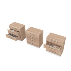 three wooden drawers with one drawer open and the other closed