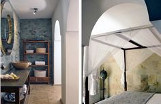 two pictures of a bedroom with stone walls and flooring, one has a canopy over the bed