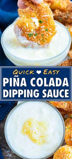 a person dipping sauce on top of some fried food in small white bowls with the words quick easy pina cola dipping sauce