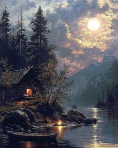 a painting of a cabin by the water at night with full moon and clouds in the sky