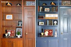 two pictures side by side, one is blue and the other has bookshelves