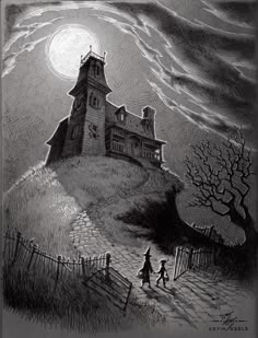 a drawing of two children walking towards a creepy house