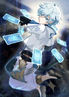 an anime character with white hair and blue eyes is holding up signs in the air