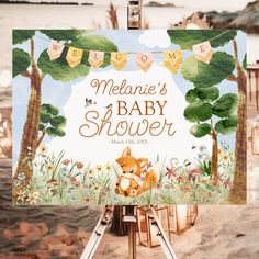 there is a baby shower sign with a teddy bear on it's easel