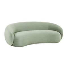 an oval shaped couch with a light green upholstered back and arms, on a white background