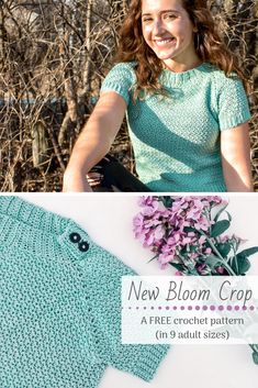 a woman wearing a green sweater next to flowers and branches with the words new bloom crop written on it