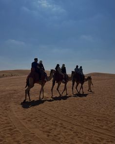 four people are riding camels in the desert