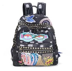 Kylethomasw Women Daily Backpack Bling Bling Sequins Embroidery Sexy Lips Fashion Personality Casual Demin Back Pack Eyes Shoulder Bag Trendy Embroidered Backpack, Trendy Multicolor Backpack For Spring, Trendy Multicolor Spring Backpack, Trendy Black Summer Backpack, Trendy Summer Black Backpack, Trendy Black Backpack For Summer, Trendy Embroidered Backpack For Travel, Trendy Embroidered School Backpack, Daily Backpack